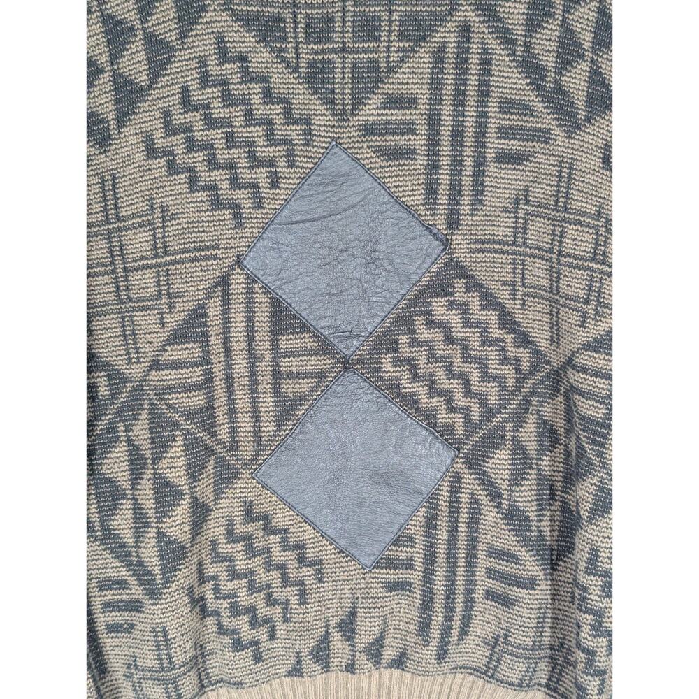 Vintage Barnaby Geometric Crewneck Sweater w/ Genuine Leather Diamonds 80s 90s - Picture 2 of 6
